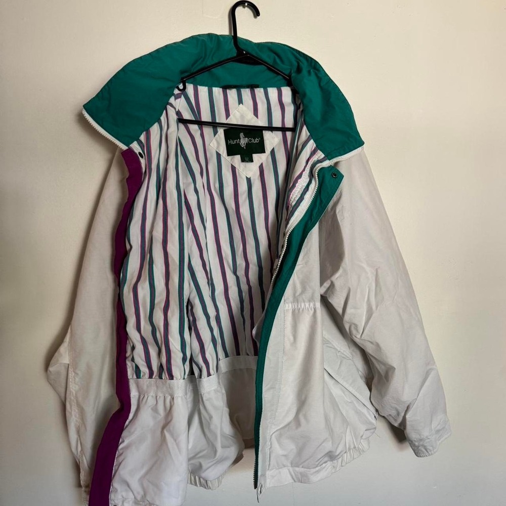 Hunt Club White Windbreaker with Teal Hood and Purple Trim